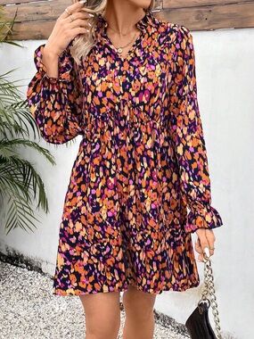 SHEIN Purple & Orange Floral Tiered Midi Dress